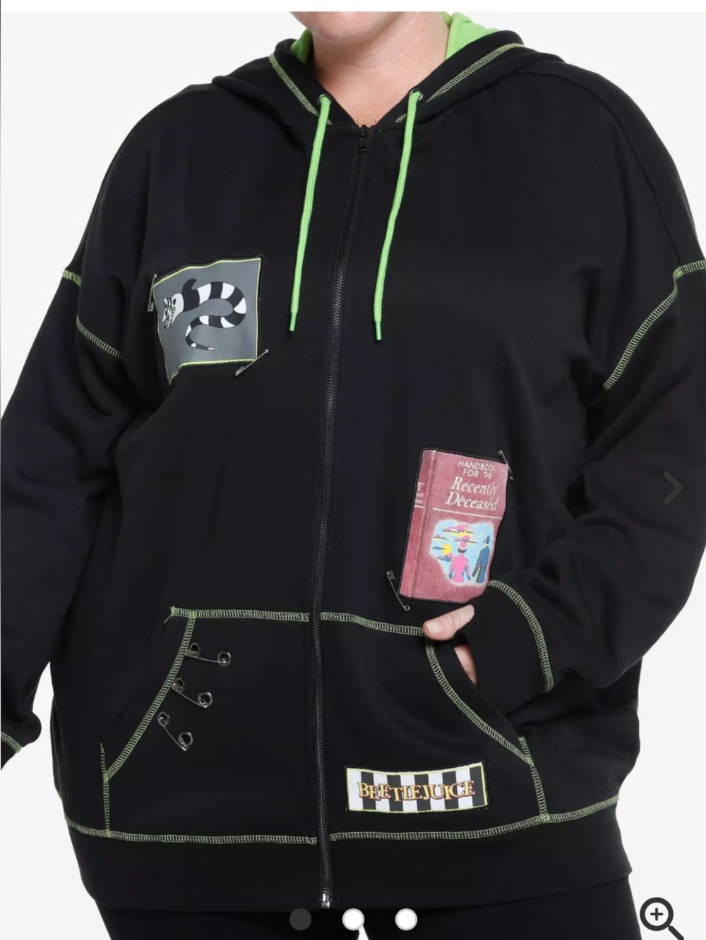 NWT Beetlejuice Safety Pin Patches Girls Oversized Hoodie Size 3/3X Gothic